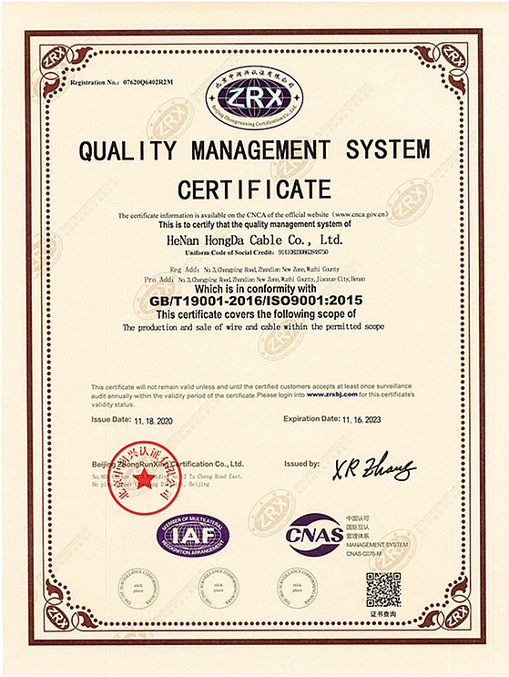 henan hongda cable iso certificate